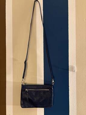 J. Jill Navy Blue Pebbled Leather Crossbody Bag, Slim Zip-Top Shoulder Purse